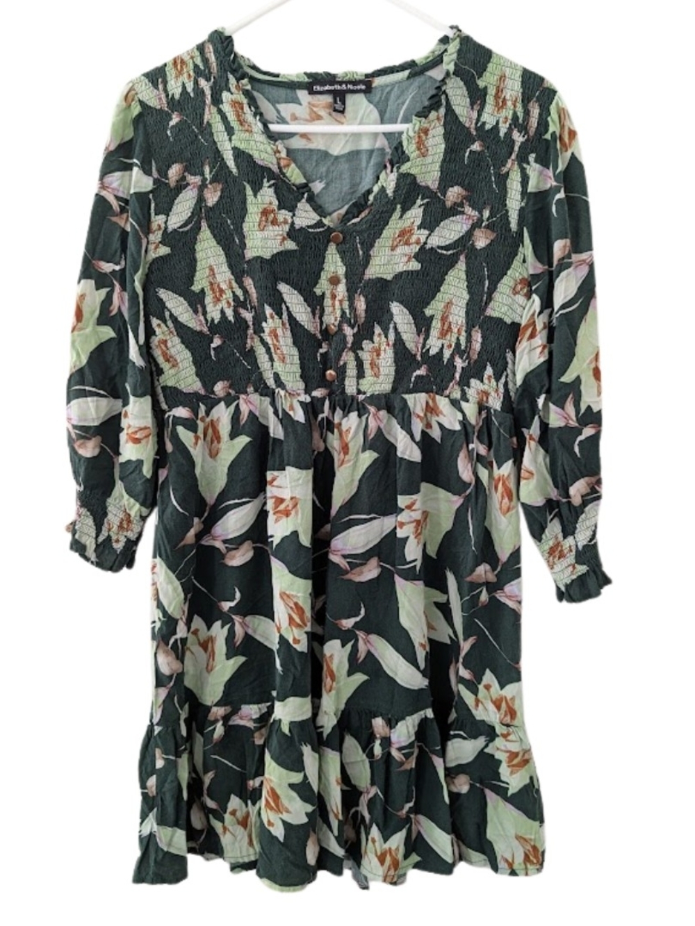 Elizabeth & Nicole Dark Green Floral Smocked V-Neck Midi Dress